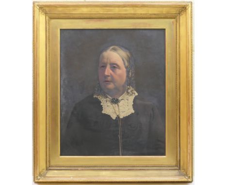 English School (late 19th Century), Portrait of a lady, half length in a black dress with white lace collar, supporting a pea