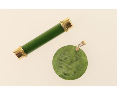 Chinese spinach jade pendant, mounted with an 18ct yellow gold loop, 29mm; also a nephrite bar brooch mounted with 15ct gold,