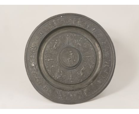 Nuremberg Temperantia pewter dish, early 17th Century, centred with a figure of Temperance holding a chalice, bordered with p