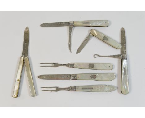 Victorian silver and mother of pearl folding fruit fork, maker JYC, Sheffield 1865; also a further folding fruit fork by Geor