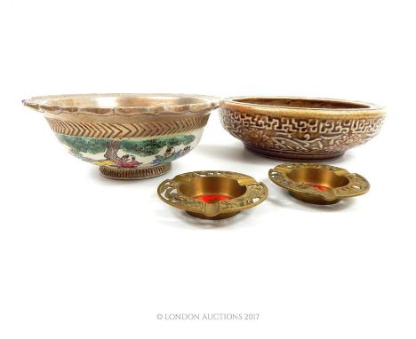 A small collection of oriental items to include two, brass Chinese ashtrays each with decoratively pierced rims depicting sta