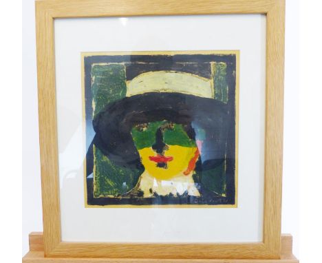 A brightly coloured painted portrait, signed indistinctly, sight size 31 x 31cm, in a contemporary oak frame.