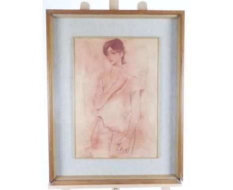 T Matania, a 1960's mixed media three quarter length portrait of a lady, signed, 49 x 34cm, framed, hand written details vers