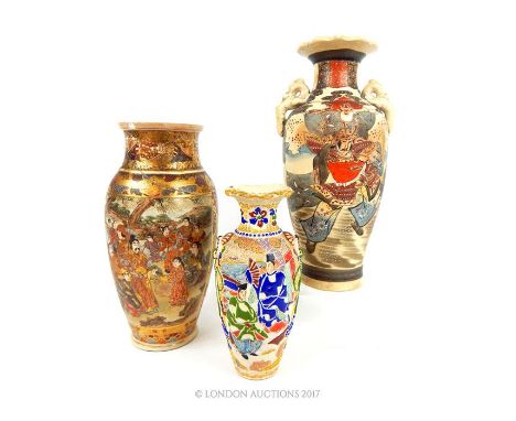 Three, Japanese, satsuma vases to include a hand-painted example adorned with a samurai and having two, ceramic dragon handle