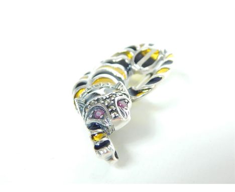 A silver plique a jour cat brooch, set with ruby eyes; stamped "925".