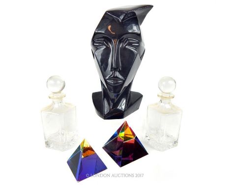 A large, vintage, black, ceramic sculptural head (H: 30 cm) and other items to include a pair of glass decanters with stopper