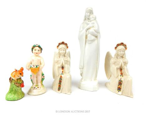 A small collection of ceramic figurines to include a figure of a child holding a basket of flowers, bearing a red Chelsea anc