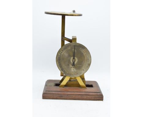 A set of vintage brass and oak Parcel Post Balance scales by M and Co. 30cm tall. 