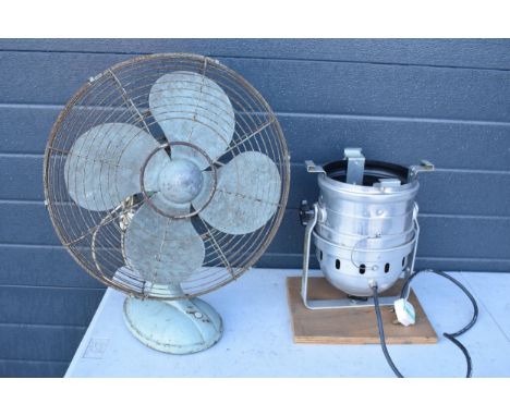 A pair of items to include a vintage large industrial fan and a stage light which has been converted to a floor light (2). 