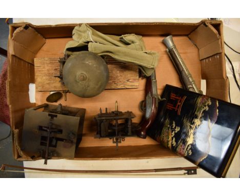 A mixed collection of items to include a collection of clock mechanisms / spares, imitation pistols, Chinese lacquered photo 