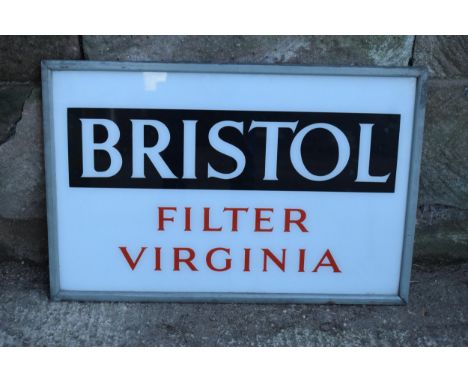 A vintage glass advertising sign of rectangular form for Bristol Filter Virginia in a painted wooden frame. 71 x 56cm inc fra