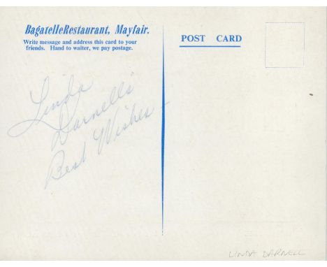 Linda Darnell signed to the verso of a c1950's Bagatelle Restaurant postcard advertising Don Marino Barreto in cabaret.  All 