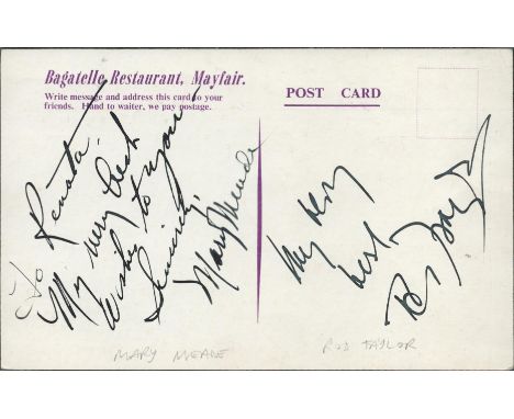 Rod Taylor and Mary Meade signed to the verso of a c1950's Bagatelle Restaurant postcard advertising Mary Meade in cabaret.  