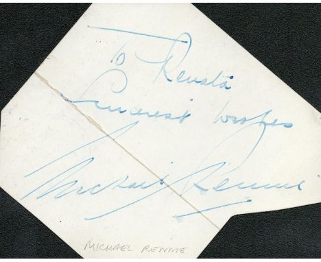 Michael Rennie large signature to the verso of an irregularly cut piece from a c1950's Bagatelle Restaurant lunch menu.  All 