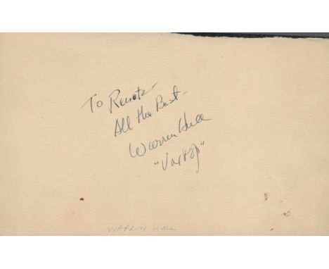 Warren Hull signed to the verso of the bottom half of a c1950's Bagatelle Restaurant dinner menu.  All autographs come with a