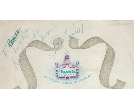 Larry Parks and Betty Garrett signed to the front of a partial c1950's menu for the Bagatelle Restaurant in Mayfair.  All aut