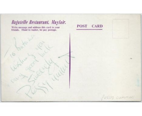 Peggy Cummins signed to the verso of a c1950's Bagatelle Restaurant postcard advertising Mary Meade in cabaret.  All autograp