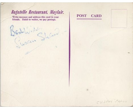 Susan Shaw signed to the verso of a c1950's Bagatelle Restaurant postcard advertising Sophie Tucker in cabaret.  All autograp