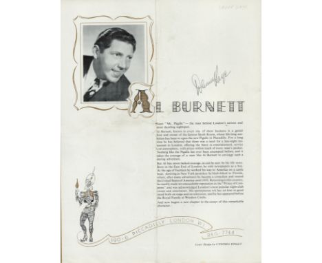 Danny Kaye signed to the interior of a large ornate c1950's 'Pigalle Restaurant' ornate cabaret brochure’.  All autographs co