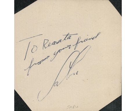 Sabu signed to the verso of an irregularly cut part of a c1950's Bagatelle Restaurant menu.  All autographs come with a Certi