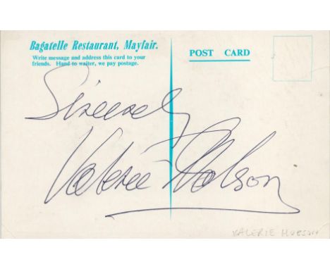 Valerie Hobson large signature to the verso of a c1950's Bagatelle Restaurant postcard advertising Edmundo Ros in cabaret.  A