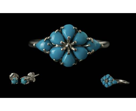 Turquoise "Forget - Me - Not" Flower Ring and Stud Earrings, a petite style of ring with 1.5cts of pear cut cabochons of turq