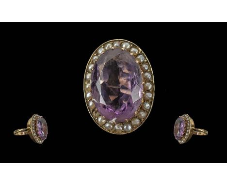 Victorian Period 1837 - 1901 Ladies Attractive Large / Impressive 9ct Gold Amethyst and Seed Pearl Set Dress Ring, Marked 9ct