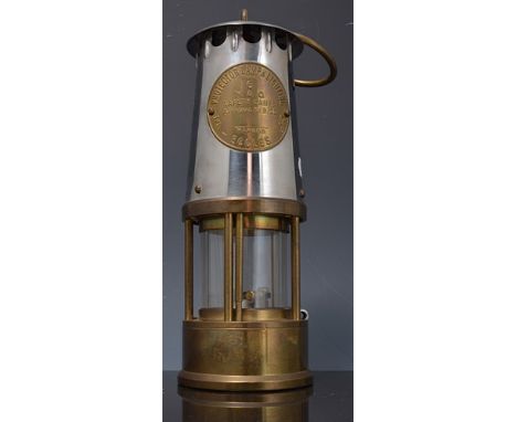 Brass and steel miner's safety lamp, labelled - Protector Lamp & Lighting Co. Ltd., brass spirit kettle, candlesticks and oth