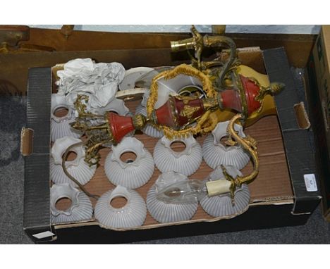 A pair of Continental porcelain six-branch chandeliers, and two boxes of assorted light fittings