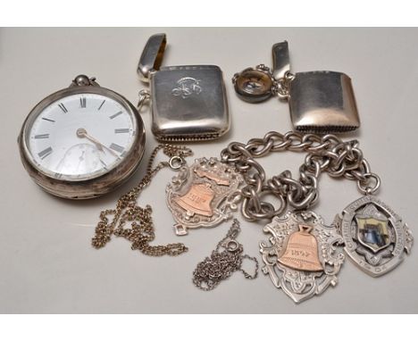 Victorian silver-cased pocket watch, white enamelled dial, key-wind lever movement, 5cms, two silver Vestas, a compass fob, E