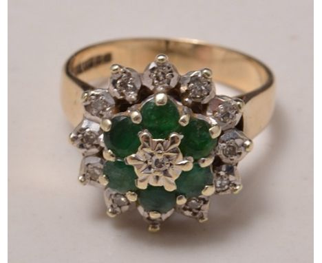 9ct gold diamond and emerald cluster dress ring.