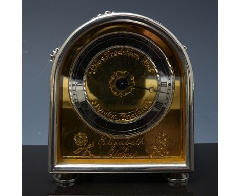Small silver cased clock, London 1981, gilt dial, signed Chaz Frodsham & Co, London, England, Elizabeth of Glamis, 8cm.