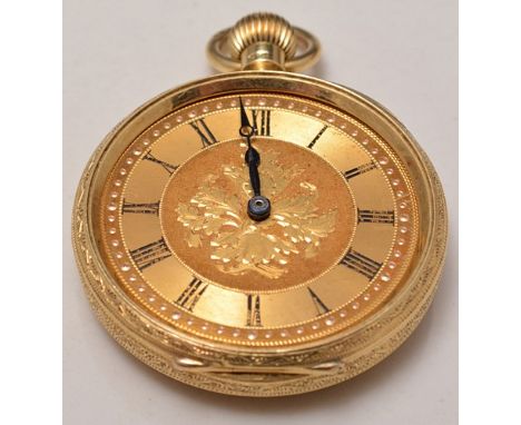 Late Victorian 18ct gold fob watch, bright cut engraved case, engine turned chapter ring, keyless lever movement, diameter 3.