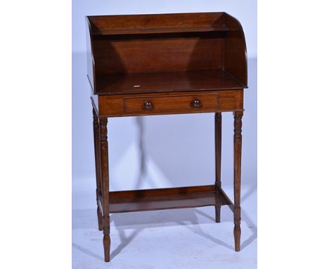 Victorian mahogany wash stand, raised back, single frieze drawer, turned and ringed legs, swivel under-shelf, width 66cms.