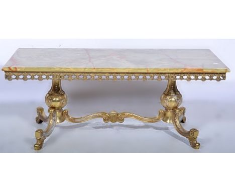 Onyx and gilt metal coffee table, rectangular onyx top with a moulded edge, scrolled under-section, length 120cms and an onyx