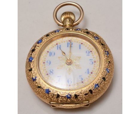18k gold and enamel fob watch, enamelled dial, keyless lever movement, diameter 3cms.