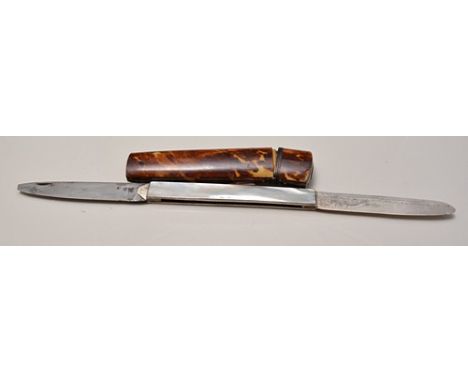 Continental mother of pearl faced doubled folding knife, with an engraved silver blade and a steel blade, 12cms closed, in a 