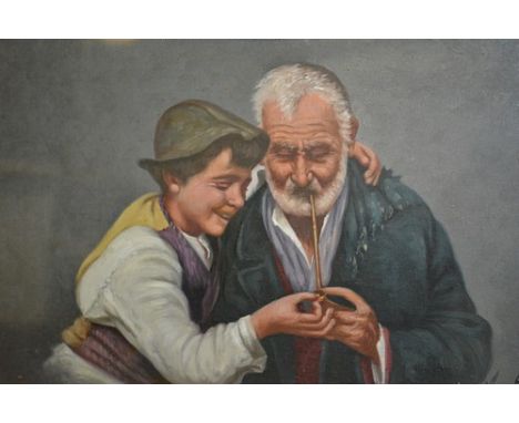 Italian School, "Lighting a Pipe", indistinctly signed, oil on board, 24 x 36cms and another painting by the same hand, (2).