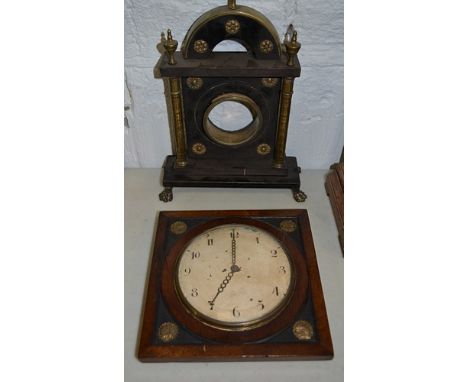 Mahogany and ebonised wall clock, with applied brass rosettes to the spandrels, white enamelled dial, 90cms and a brass and e