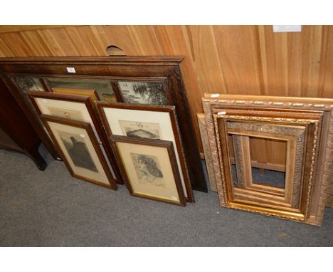 Oak overmantel, centre mirror panel, flanked by photogravures, width 100cms, pencil drawing, three prints and four picture fr