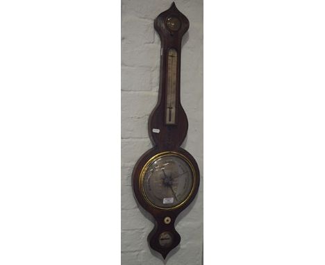 Victorian rosewood banjo barometer, case with painted decoration, silvered dials, one signed T Fin, Whitechurch Salop, 94cm.
