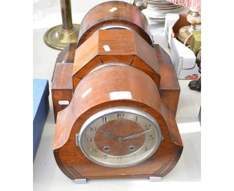 Oak-cased mantel clock, silvered chapter ring, the movement striking on a gong, 24cms and two other mantel clocks, (3).