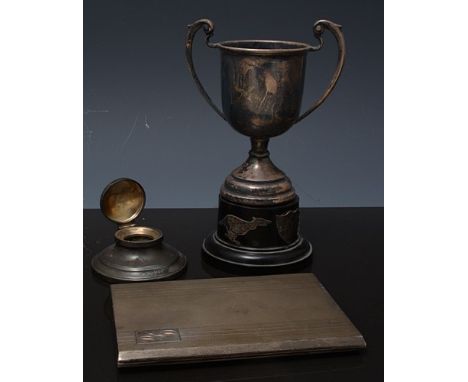 Small silver capstan shaped inkwell, Birmingham 1913, diameter 6.5cms, silver cigarette case and a silver two-handled trophy 