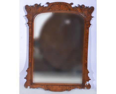 George II style figured walnut wall mirror, arched plate, shaped outlines, 71 x 56cms, together with a small gilt framed stru