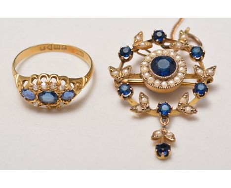 Edwardian sapphire and pearl pendant/brooch and an 18ct gold sapphire and diamond ring.