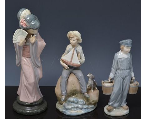 Lladro figure of a Geisha, 31cms, a Lladro figure of a boy carrying pails and a Lladro figure of a boy with a pond yacht, (3)