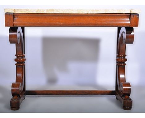 Victorian mahogany console table, with a Sienna marble top, fitted with a single frieze drawer, volute suppports, width 110cm