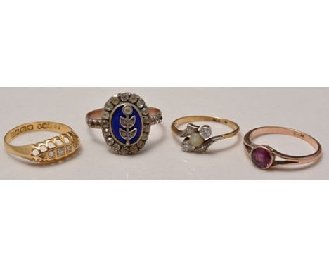 18ct gold five-stone diamond ring, a diamond cross-over ring, rose metal amethyst ring and another dress ring, (4).