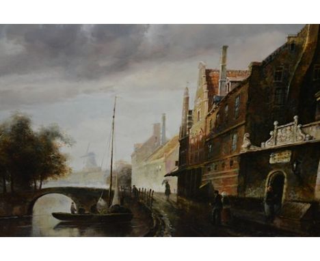 K. Adkins, Dutch canal-side, signed, oil on panel 28 x 38cms and a watercolour, lake scene, signed T. Harvie, (2).