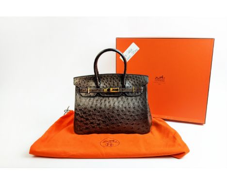 HERMÈS BIRKIN 30 OSTRICH, gold tone hardware, top handles, color matching leather lining, one zip pocket, one single patch po